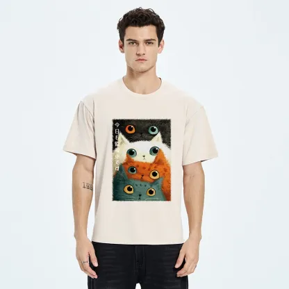 Tokyo-Tiger Watching Stacked Cats Washed T-Shirt