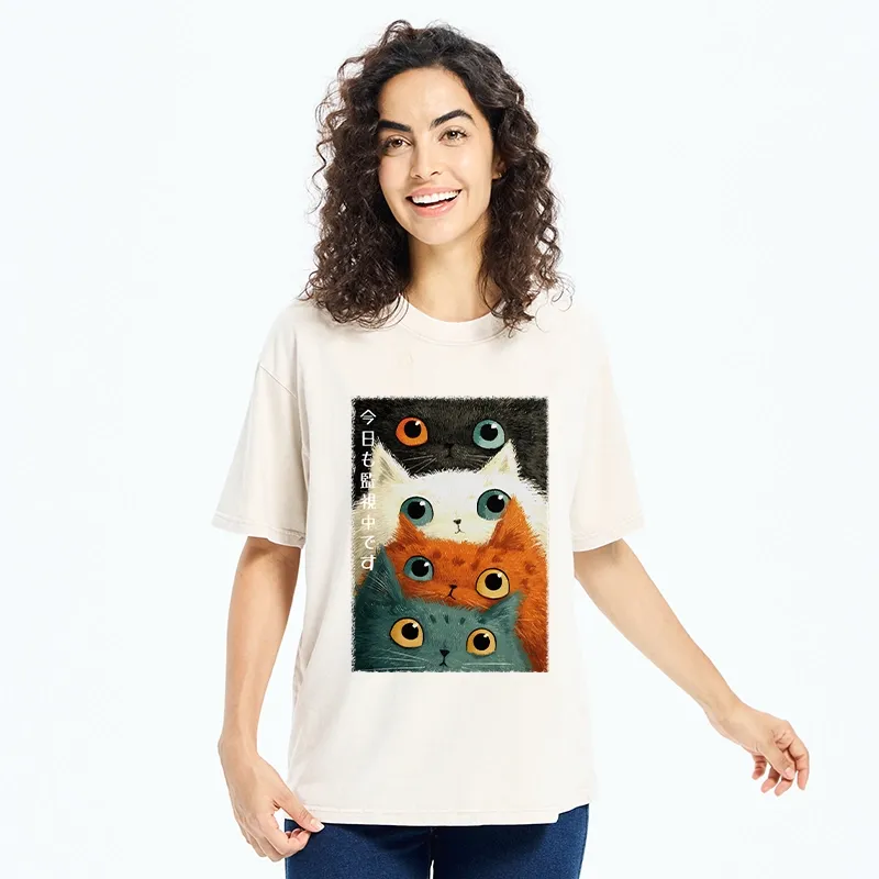 Tokyo-Tiger Watching Stacked Cats Washed T-Shirt