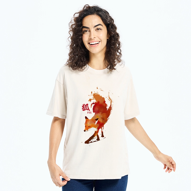 Tokyo-Tiger Watercolor Red Fox Art Washed T-Shirt