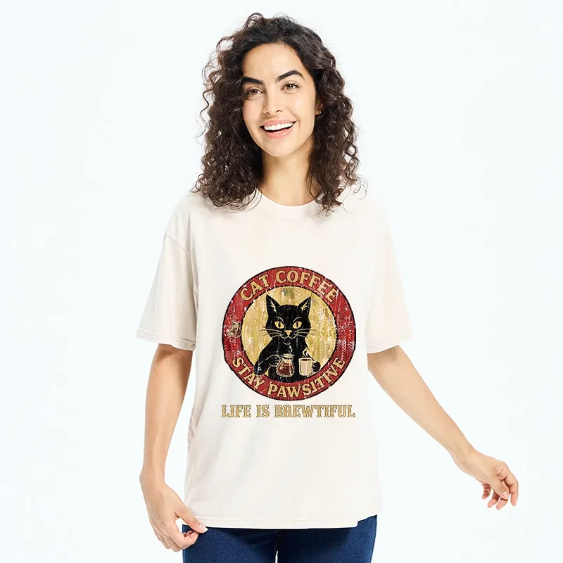 Tokyo-Tiger Cat Coffee Positive Vibes Washed T-Shirt