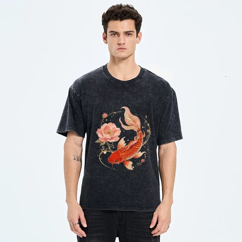 Tokyo-Tiger Lucky Koi Peony Art Washed T-Shirt