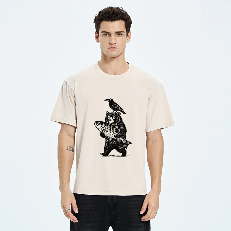 Tokyo-Tiger Bear Fish Crow Print Washed T-Shirt