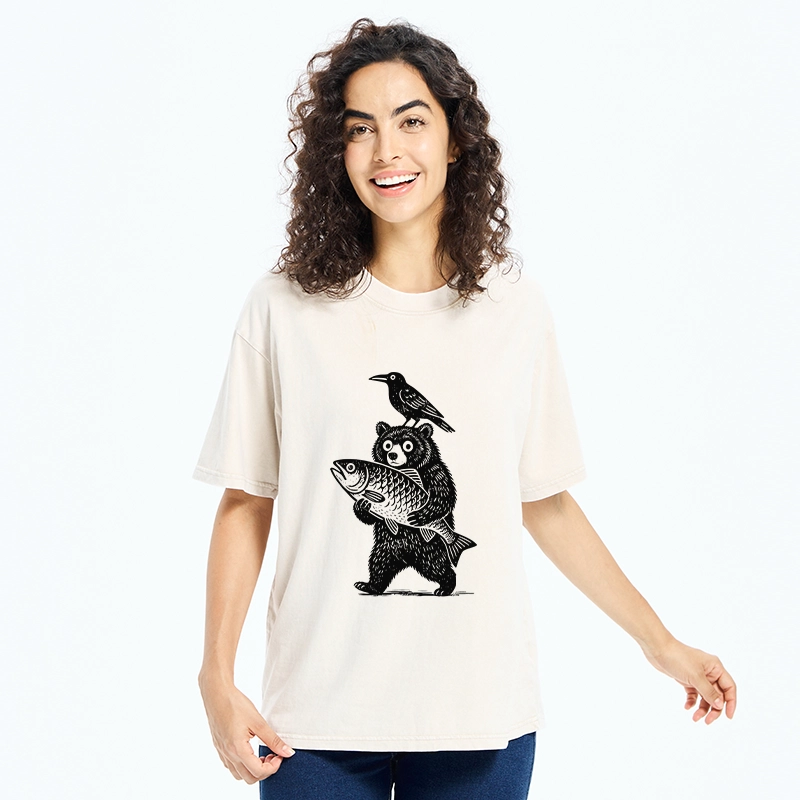 Tokyo-Tiger Bear Fish Crow Print Washed T-Shirt