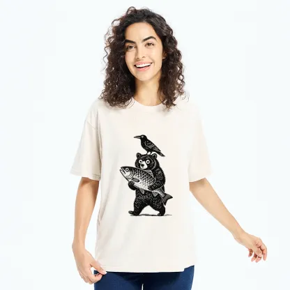 Tokyo-Tiger Bear Fish Crow Print Washed T-Shirt