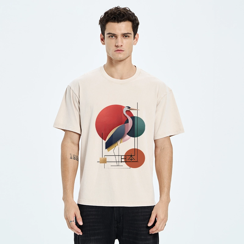 Tokyo-Tiger Geometric Crane Art Washed T-Shirt
