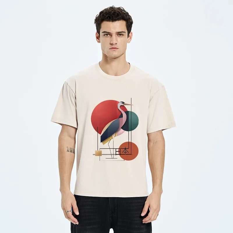 Tokyo-Tiger Geometric Crane Art Washed T-Shirt