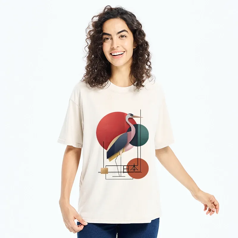 Tokyo-Tiger Geometric Crane Art Washed T-Shirt