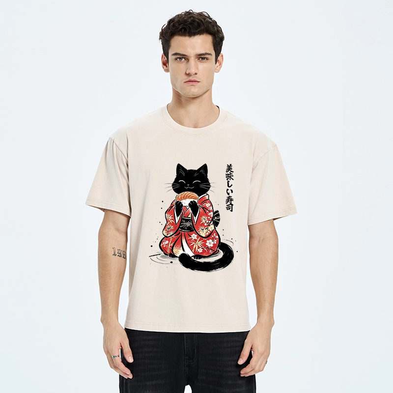 Tokyo-Tiger Sushi Loving Black Cat Washed T-Shirt