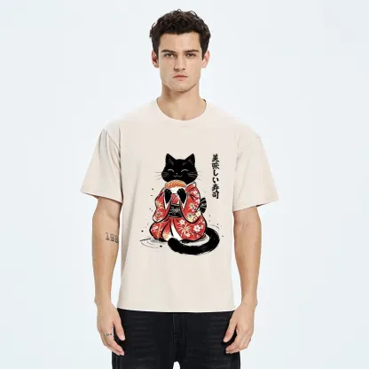 Tokyo-Tiger Sushi Loving Black Cat Washed T-Shirt