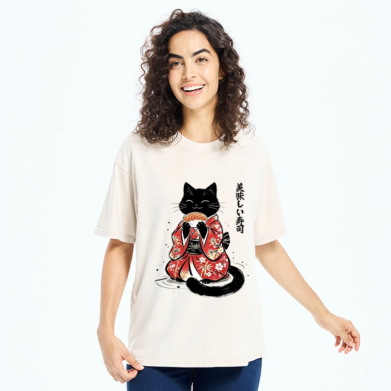 Tokyo-Tiger Sushi Loving Black Cat Washed T-Shirt