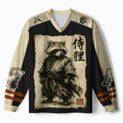 Tokyo-Tiger Retro Raccoon Samurai Paneled Long Sleeve Jersey