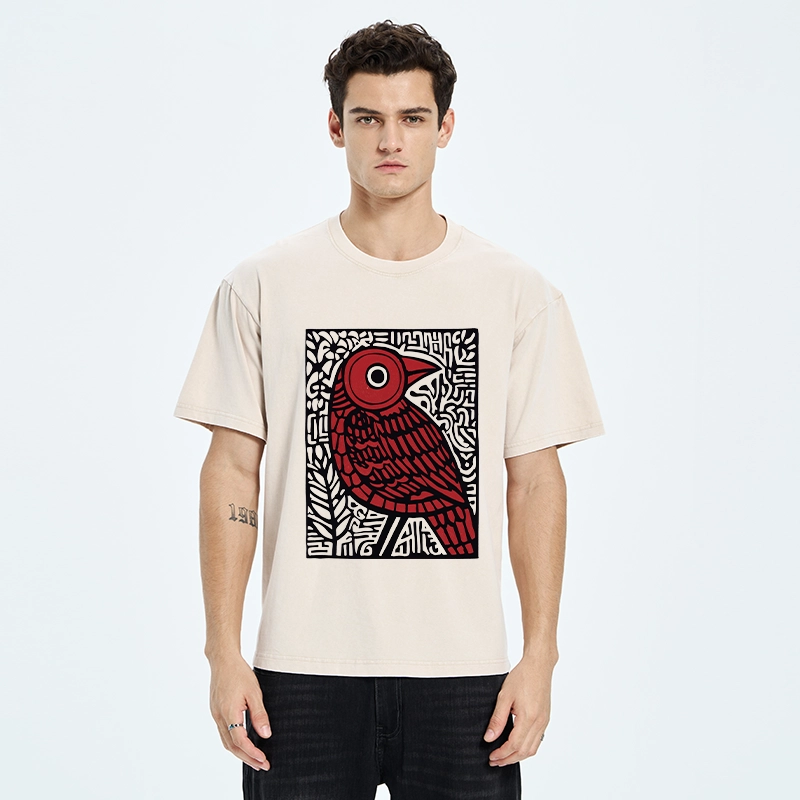 Tokyo-Tiger Retro Woodblock Bird Washed T-Shirt
