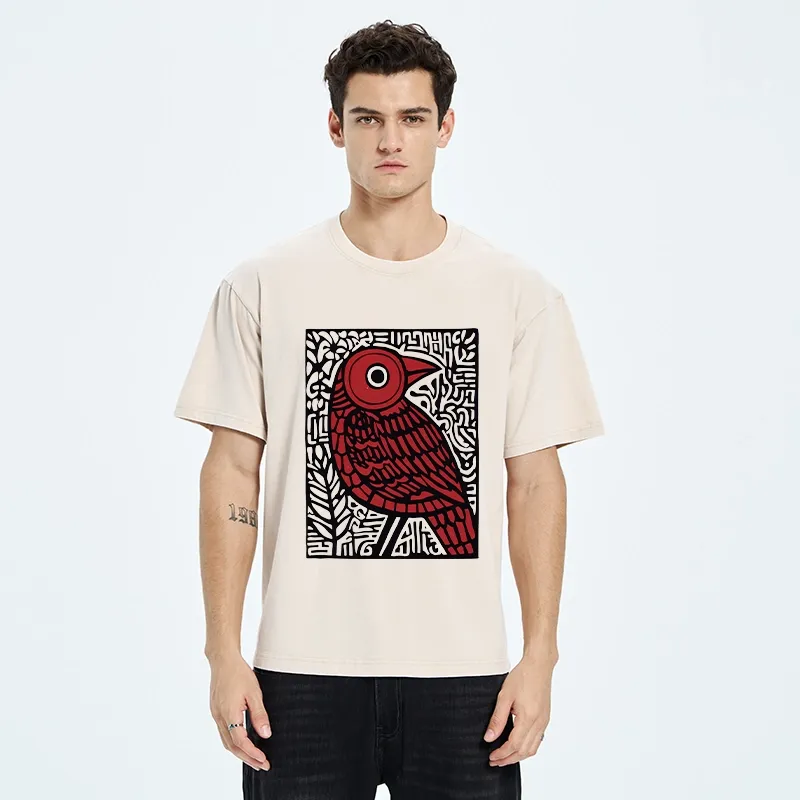Tokyo-Tiger Retro Woodblock Bird Washed T-Shirt