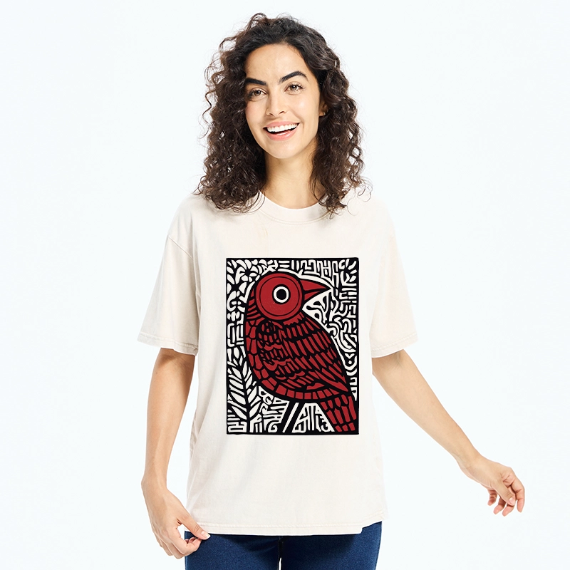 Tokyo-Tiger Retro Woodblock Bird Washed T-Shirt