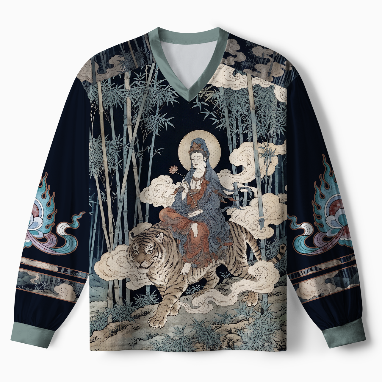Tokyo-Tiger Vintage Oriental Guanyin Tiger Bamboo Zen Paneled Long Sleeve Jersey