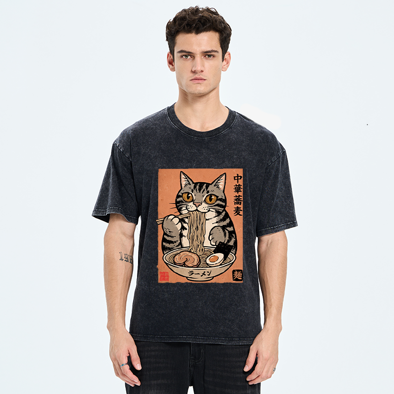 Tokyo‑Tiger Tanuki Eating Ramen Washed T-Shirt
