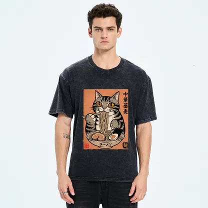 Tokyo‑Tiger Tanuki Eating Ramen Washed T-Shirt
