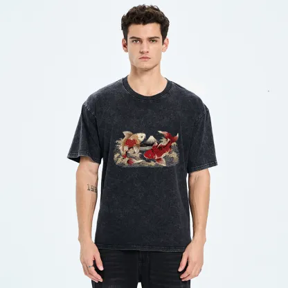 Tokyo‑Tiger Koi And Mount Fuji Washed T-Shirt