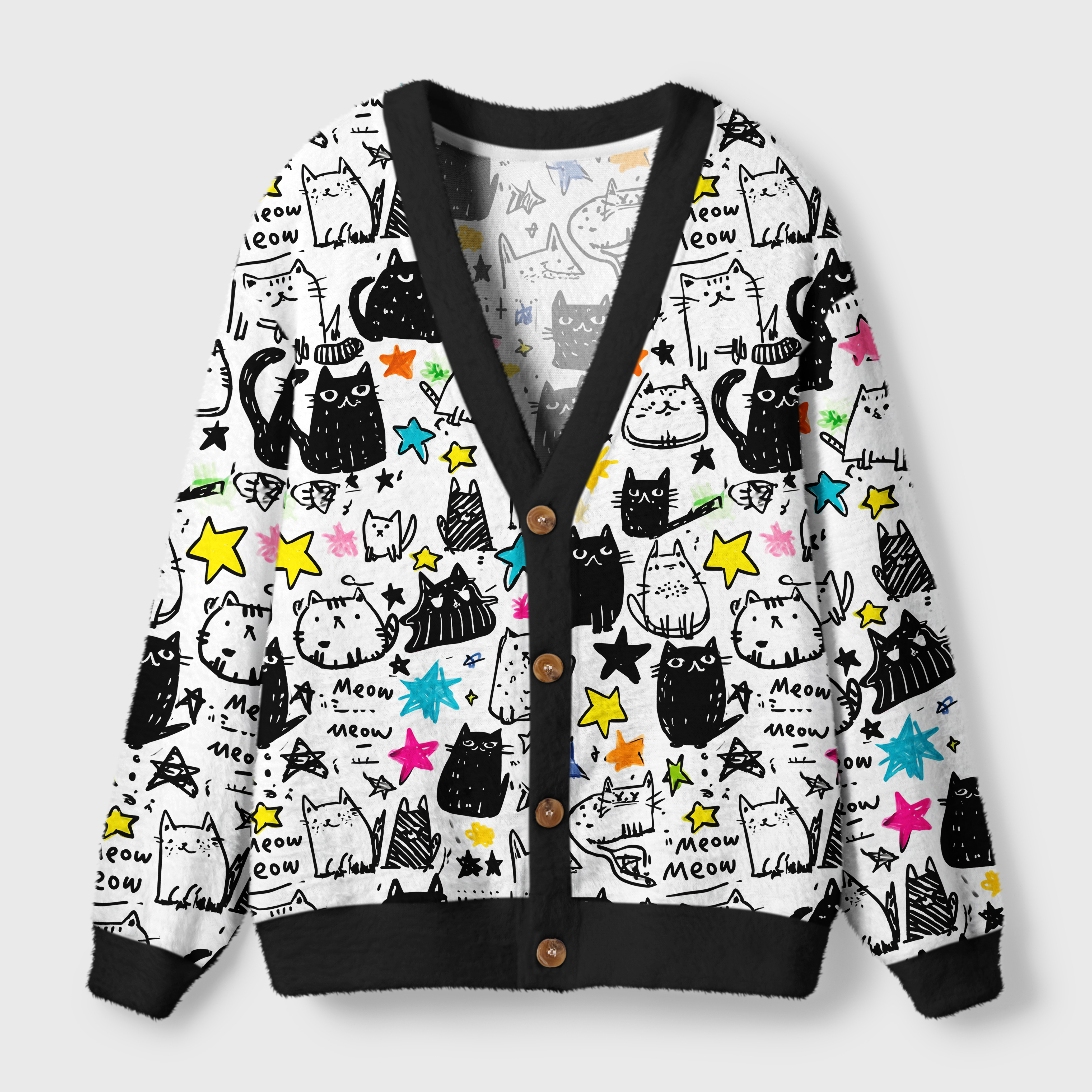 Tokyo-Tiger Cosmic Cat Doodles Ugly Cardigan Sweater