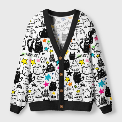 Tokyo-Tiger Cosmic Cat Doodles Ugly Cardigan Sweater