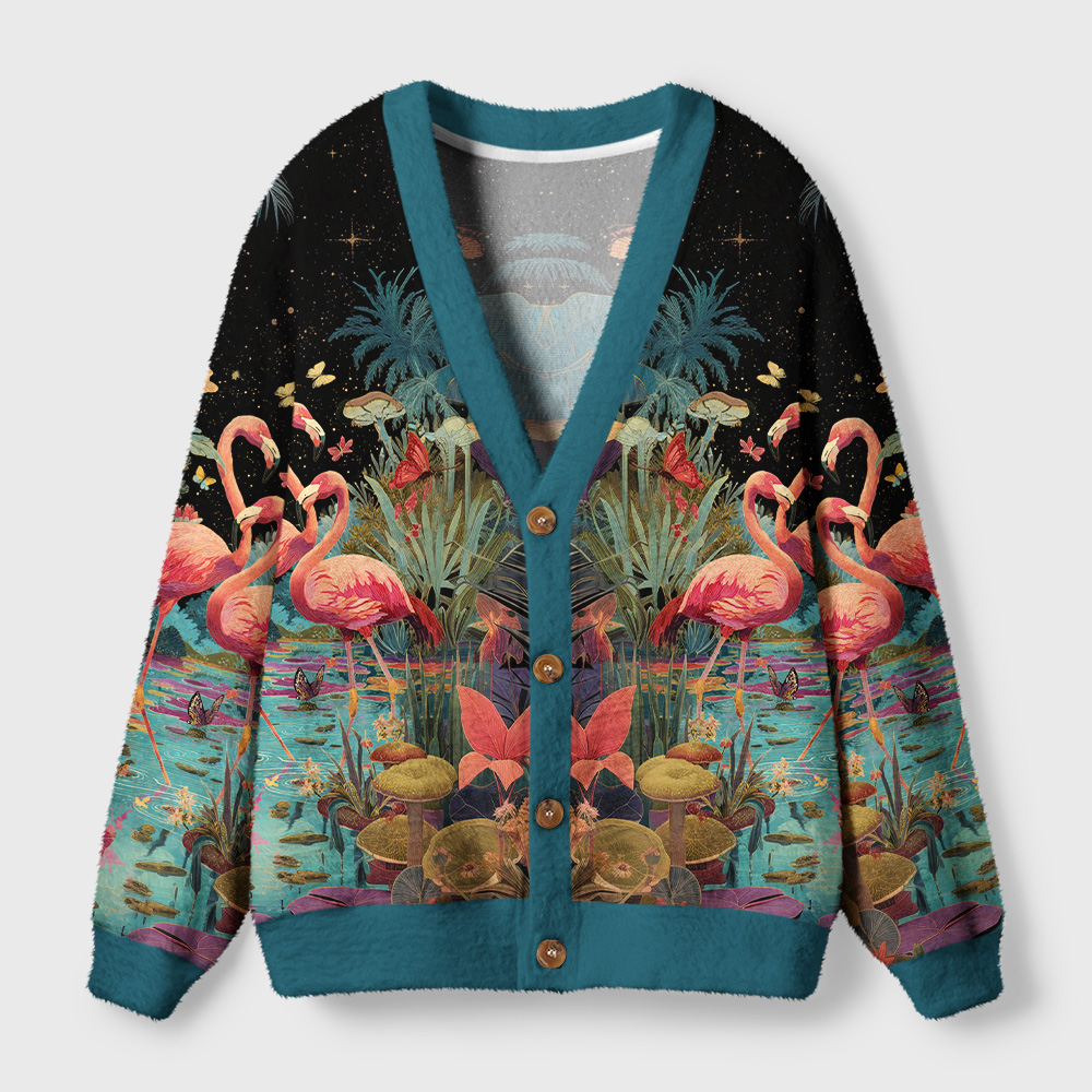 Tokyo-Tiger Midnight Flamingo Waltz Ugly Cardigan Sweater