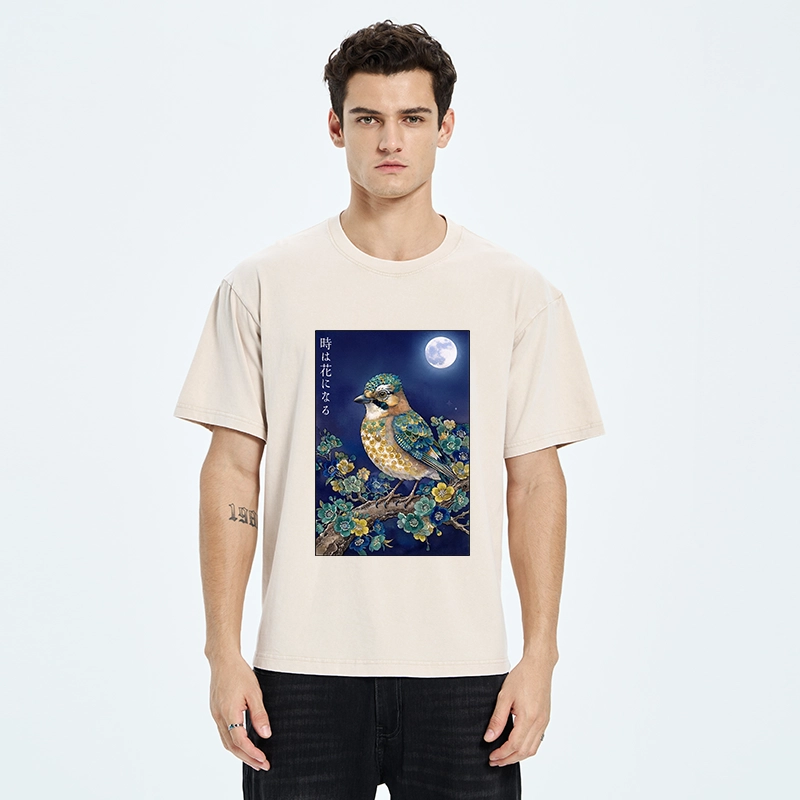 Tokyo-Tiger Moon Bird Floral Retro Art Washed T-Shirt
