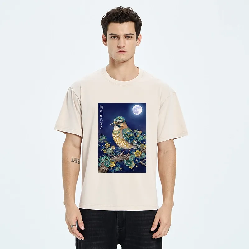 Tokyo-Tiger Moon Bird Floral Retro Art Washed T-Shirt