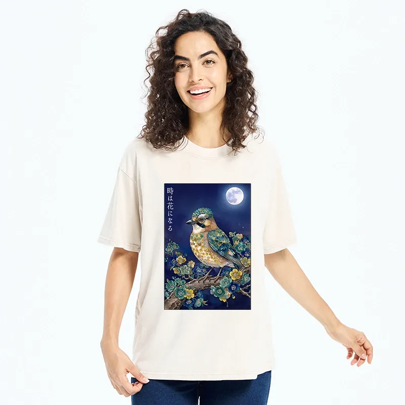 Tokyo-Tiger Moon Bird Floral Retro Art Washed T-Shirt
