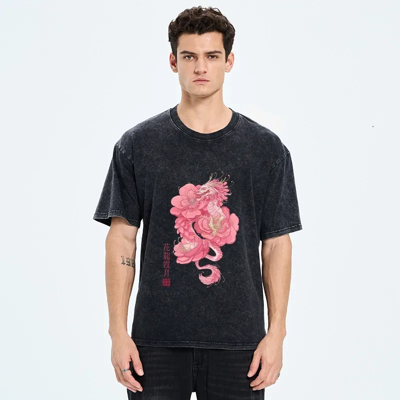 Tokyo-Tiger Pink Flower Dragon Washed T-Shirt