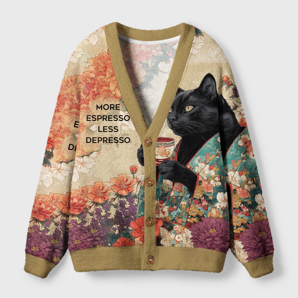 Tokyo-Tiger Cat:More Espresso, Less Depresso Ugly Cardigan Sweater