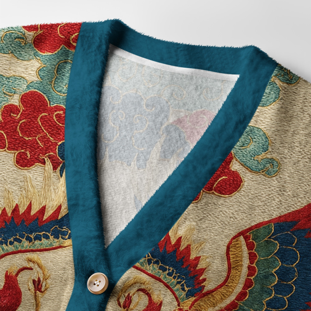 Tokyo-Tiger Vermilion Phoenixes in Brocade Skies Ugly Cardigan Sweater