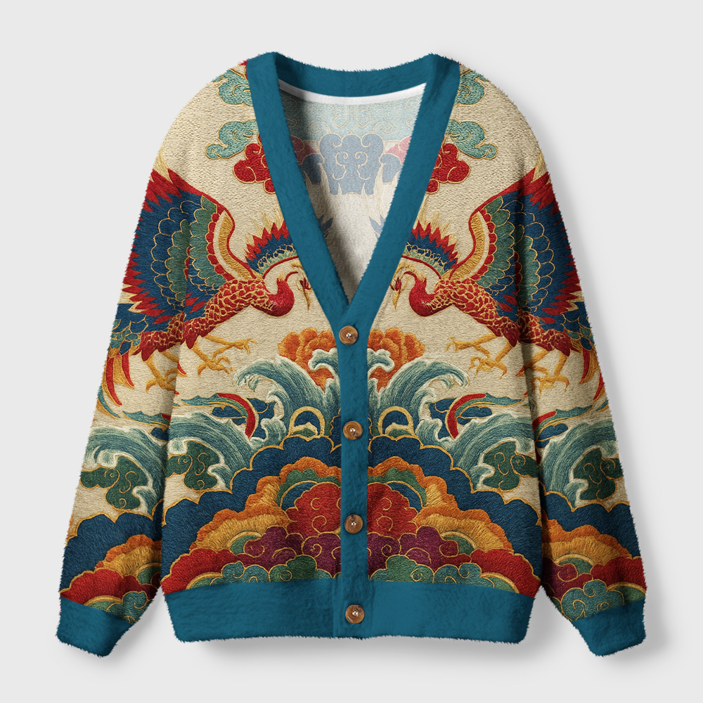 Tokyo-Tiger Vermilion Phoenixes in Brocade Skies Ugly Cardigan Sweater