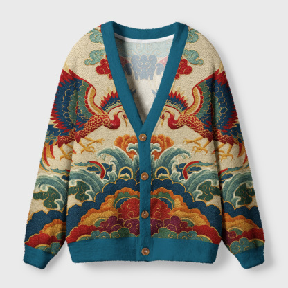 Tokyo-Tiger Vermilion Phoenixes in Brocade Skies Ugly Cardigan Sweater