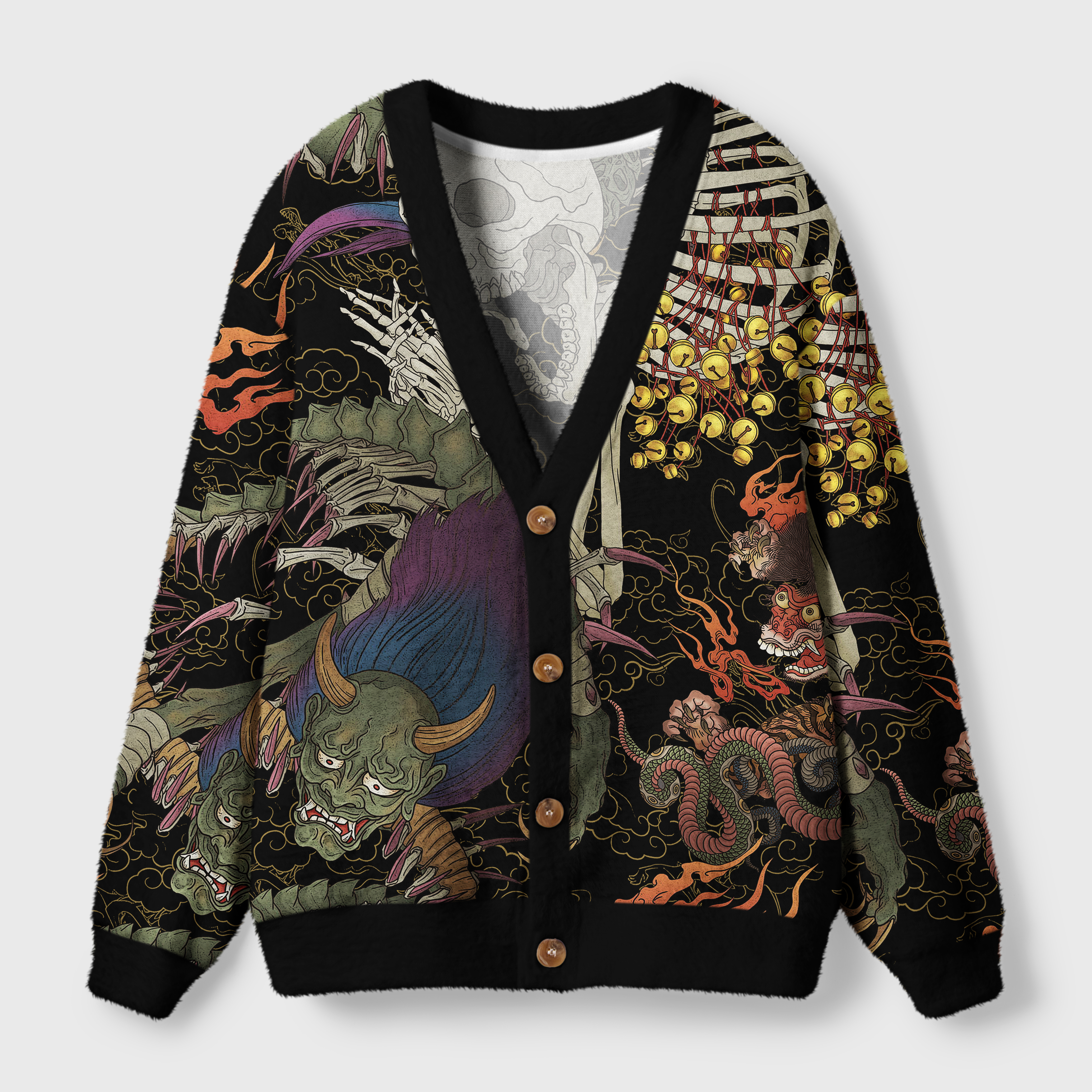 Tokyo-Tiger Japanese Yokai And Skeletons Ugly Cardigan Sweater