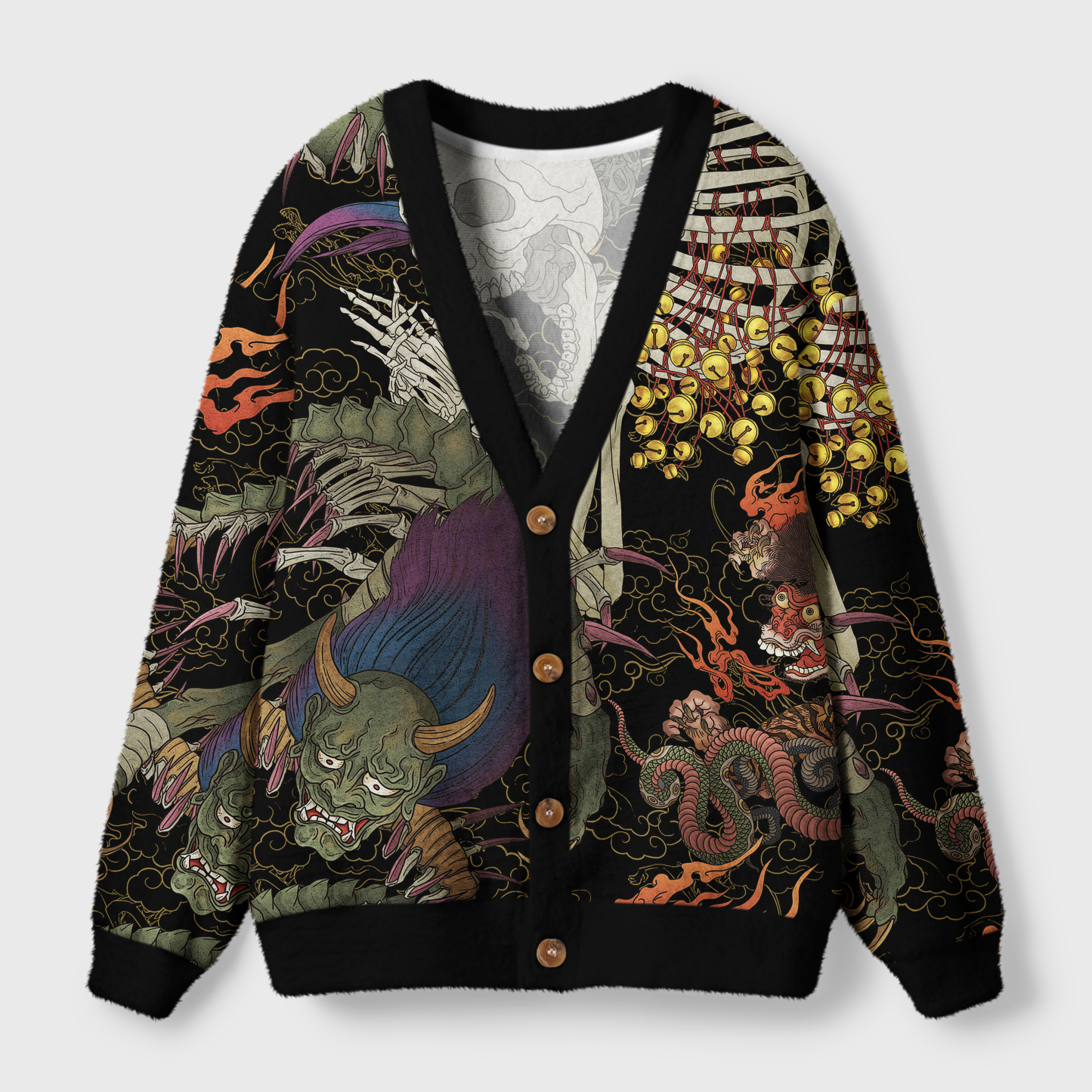 Tokyo-Tiger Japanese Yokai And Skeletons Ugly Cardigan Sweater