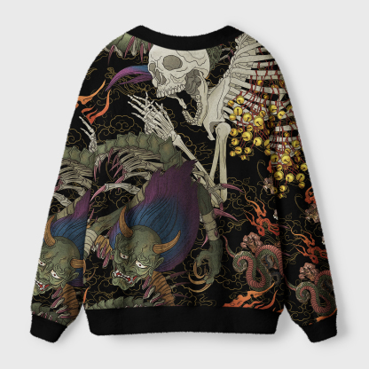 Tokyo-Tiger Japanese Yokai And Skeletons Ugly Cardigan Sweater