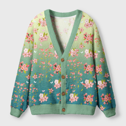 Tokyo-Tiger Sakura Blossom Waves Ugly Cardigan Sweater