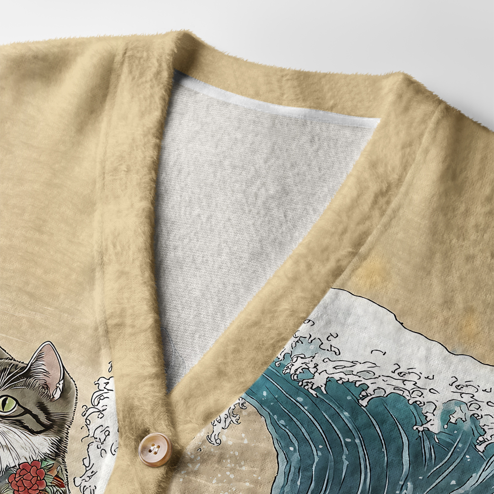 Tokyo-Tiger Cat Surfing Ugly Cardigan Sweater