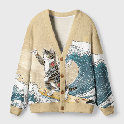 Tokyo-Tiger Cat Surfing Ugly Cardigan Sweater