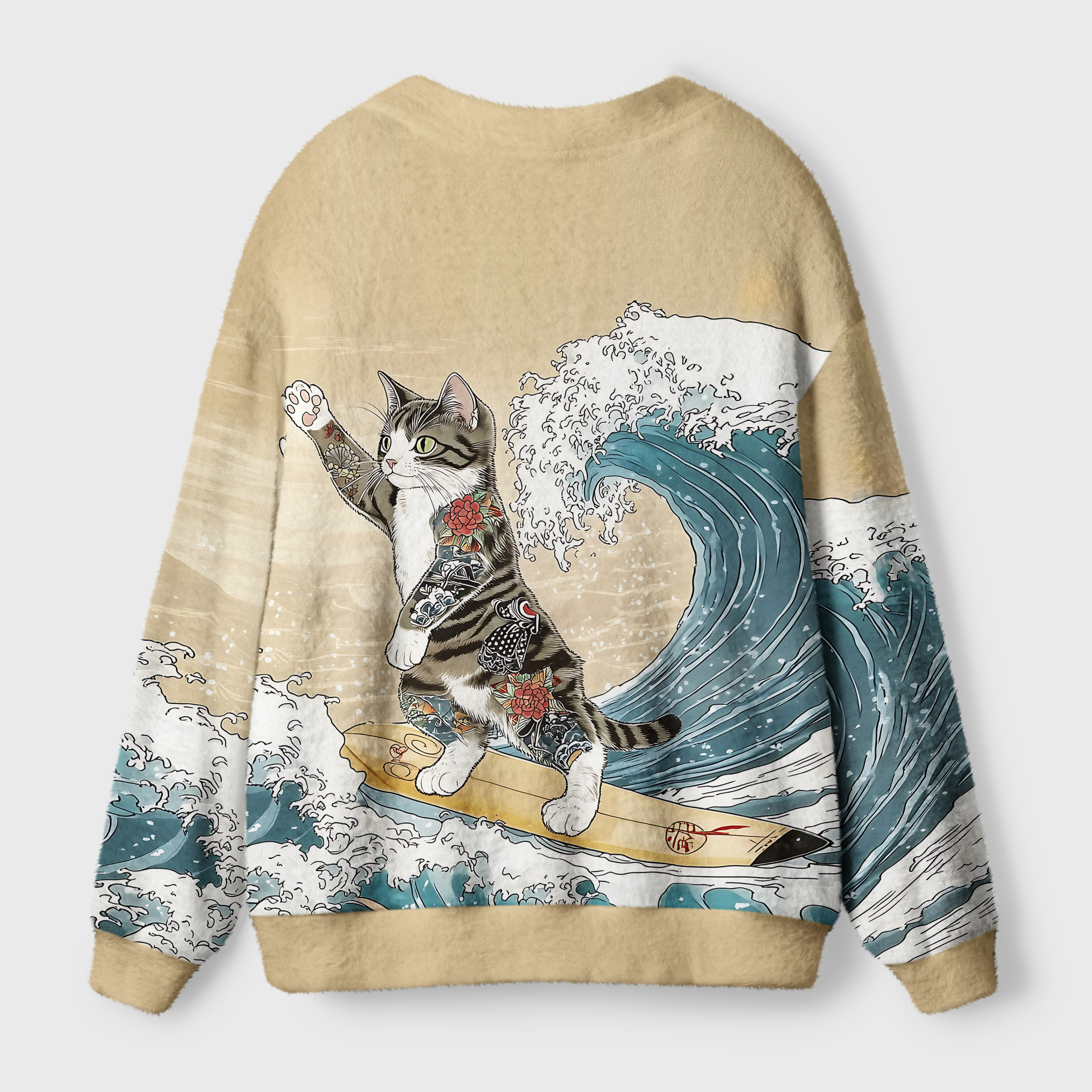Tokyo-Tiger Cat Surfing Ugly Cardigan Sweater