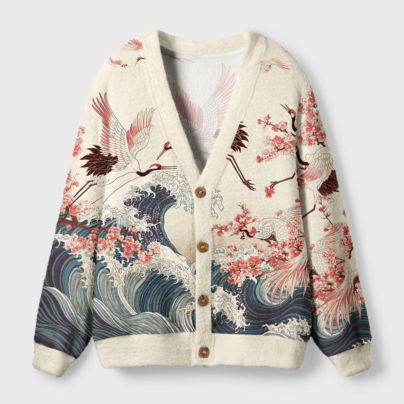 Tokyo-Tiger Cranes Dancing On The Waves Ugly Cardigan Sweater