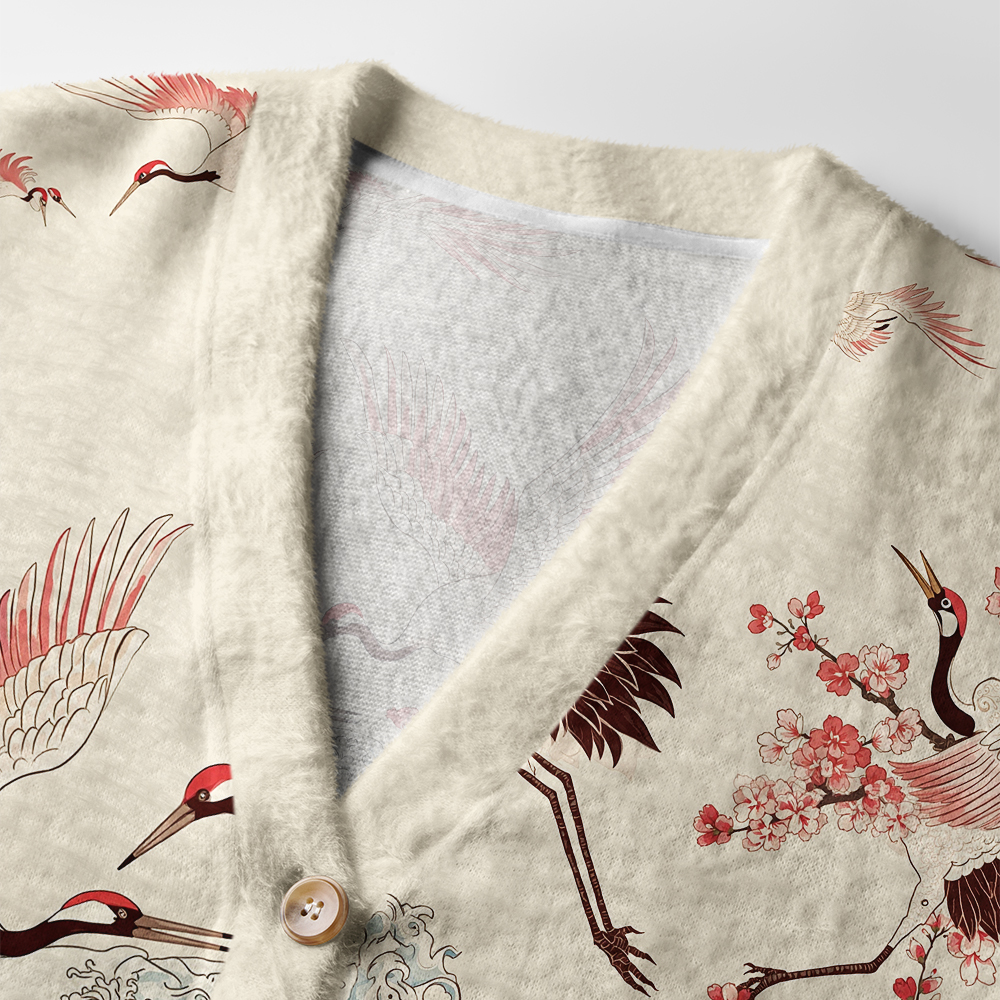 Tokyo-Tiger Cranes Dancing On The Waves Ugly Cardigan Sweater