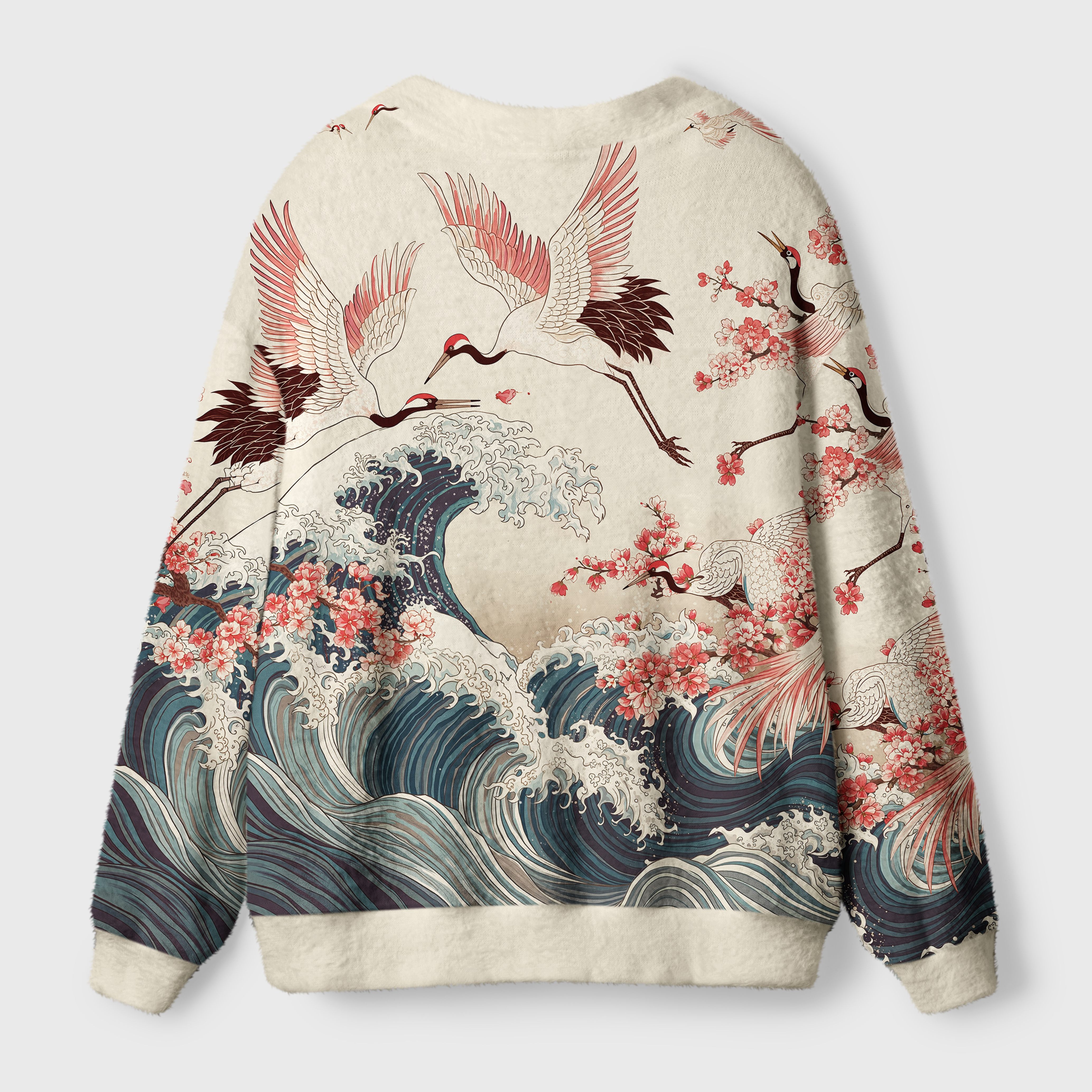 Tokyo-Tiger Cranes Dancing On The Waves Ugly Cardigan Sweater