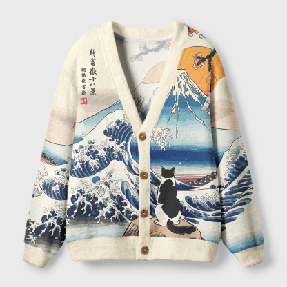 Tokyo-Tiger Cat Looking At The Great Wave Ugly Cardigan Sweater