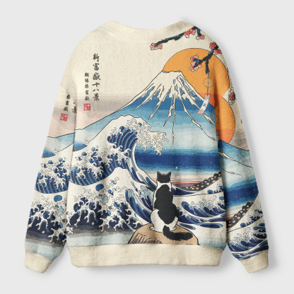 Tokyo-Tiger Cat Looking At The Great Wave Ugly Cardigan Sweater