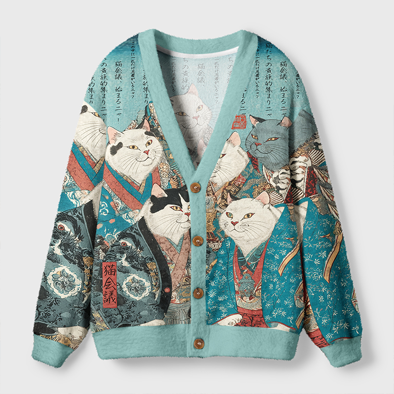 Tokyo-Tiger Formal Gathering of Ukiyo-e Cat Nobles Ugly Cardigan Sweater