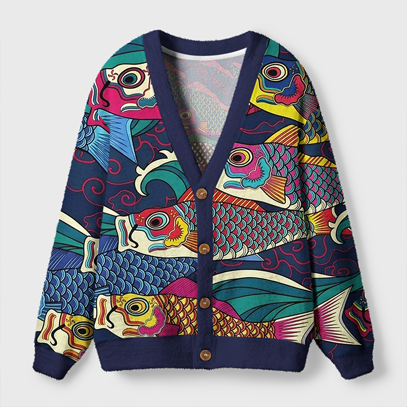 Tokyo-Tiger Colorful Japanese Koinobori Ugly Cardigan Sweater