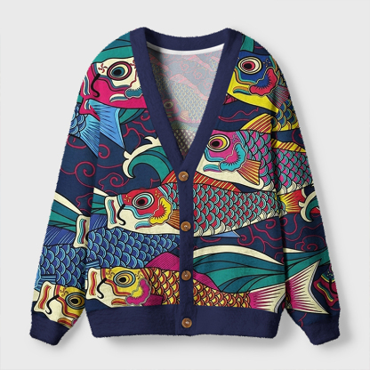 Tokyo-Tiger Colorful Japanese Koinobori Ugly Cardigan Sweater