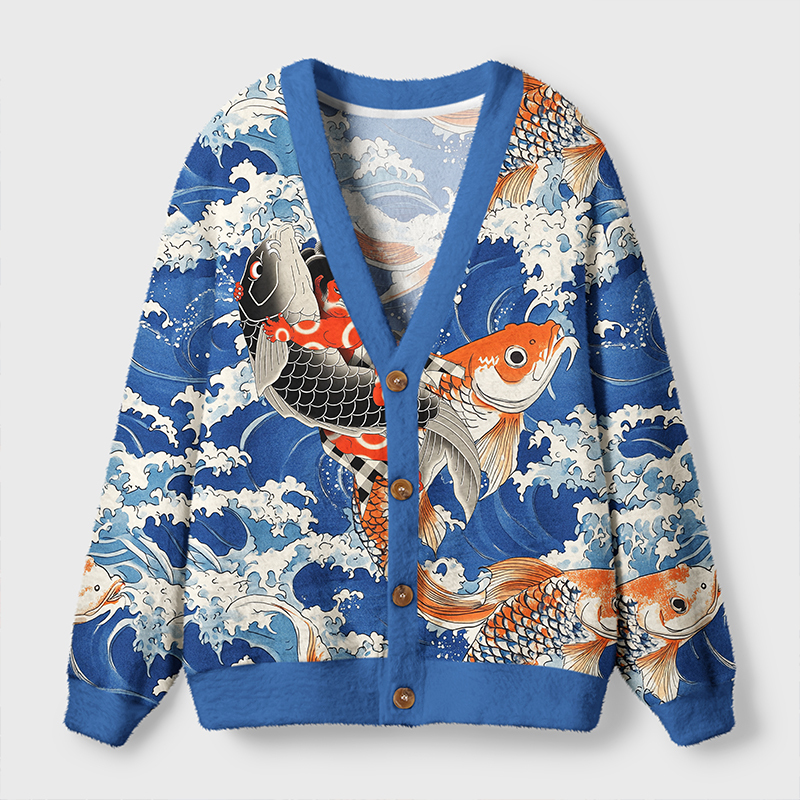Tokyo-Tiger Sumo Wrestler Holding A Koi Ugly Cardigan Sweater Sale