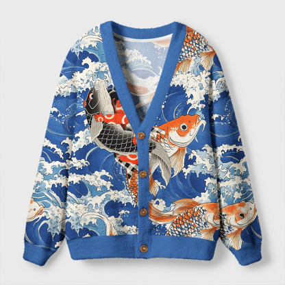 Tokyo-Tiger Sumo Wrestler Holding A Koi Ugly Cardigan Sweater